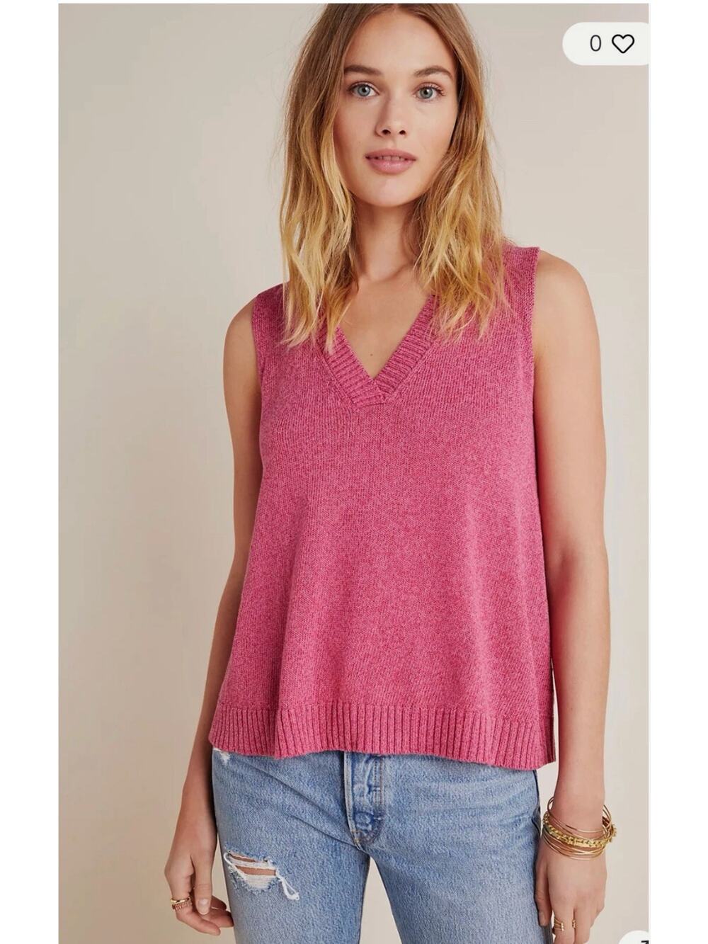 By Anthropologie Camille V Neck Sleeveless Pink Knit Sweater Blouse Vest Sz L